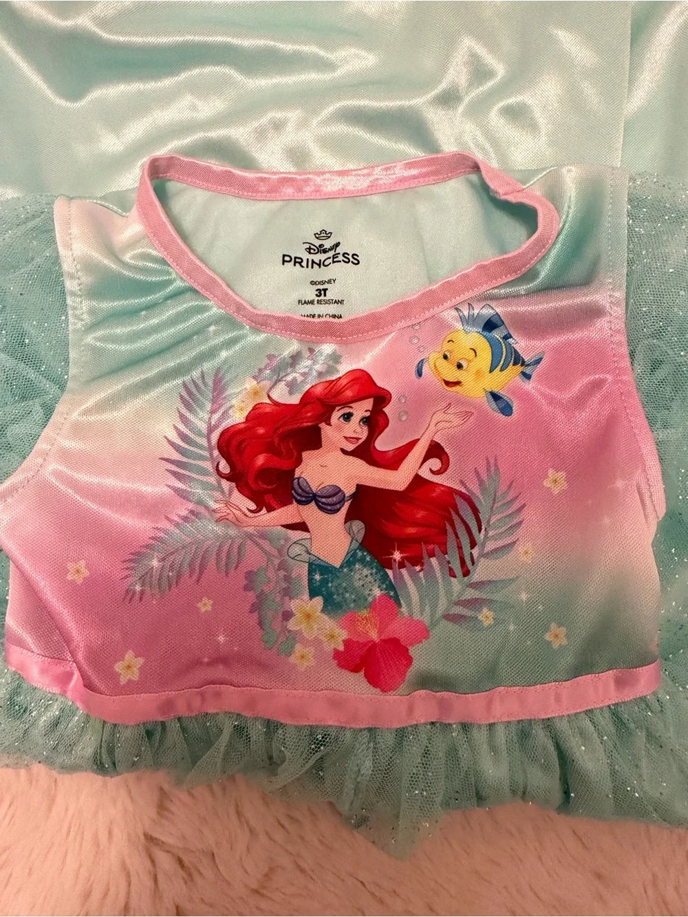 Ariel Little Mermaid Glitter Tulle Nightgown Dress Up- Aqua & Pink 3T - Picture 3 of 3